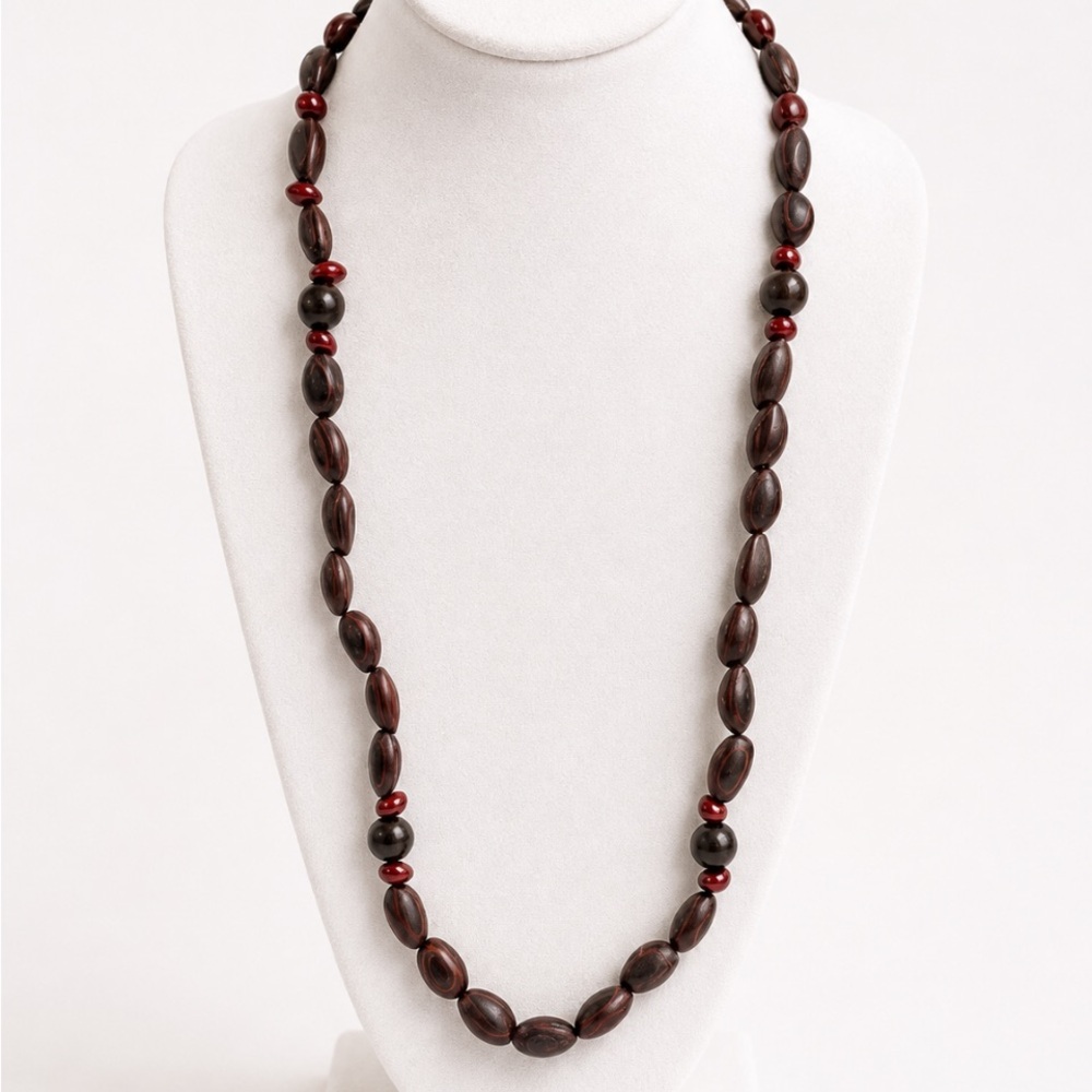 Boho Dark Wood & Red Beaded Long Statement Necklace